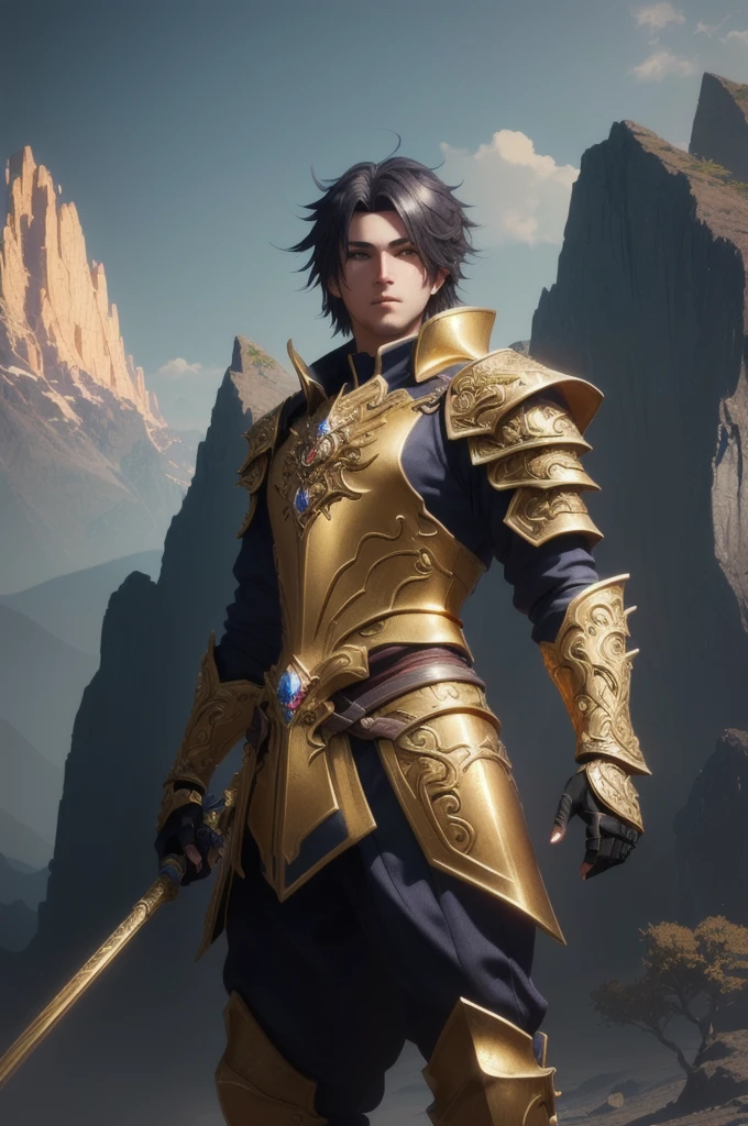 a close up of a man in a gold armor standing in front of a mountain, unreal engine render + a god, ultra detailed game art, intricate ornate anime cgi style, 8k high quality detailed art, detailed digital anime art, fantasy style 8 k octane render, 2. 5 d cgi anime fantasy artwork, 3 d render character art 8 k, hyperdetailed fantasy character