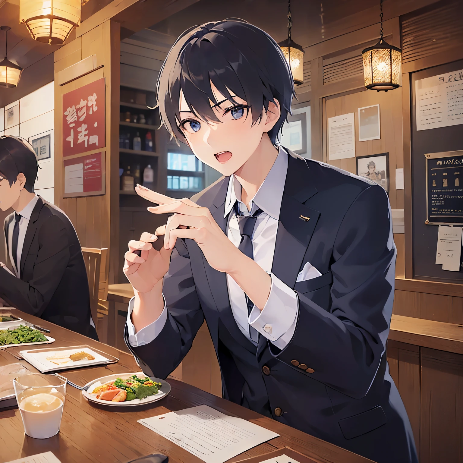(Shielding with hands:1.5).masterpiece、Highest quality、
(25-year-old male:1.5) and(Black short hair) and (blue eyes), 
(suit:1.5) and (Blue tie）(suit:1.5) and (Blue tie）、
Upset,open mouth,The background is the interior of an izakaya at night.、