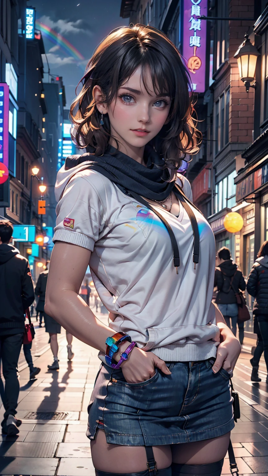 masterpiece , 24-year-old female、sexy proportions、sexy、Tight waist、Put on a necklace、Wear accessories on your wrist、Natural Curl((Wavy Hair))、Shortcuts((short hair))、hair scarf((hair scarf))、Rainbow Hair((Rainbow Hair))、Wear a hoodie、Wear a super mini skirt、Wear rainbow stockings、Wear sneakers、Put on headphones、Reaching into the pocket of a hoodie、Night downtown background