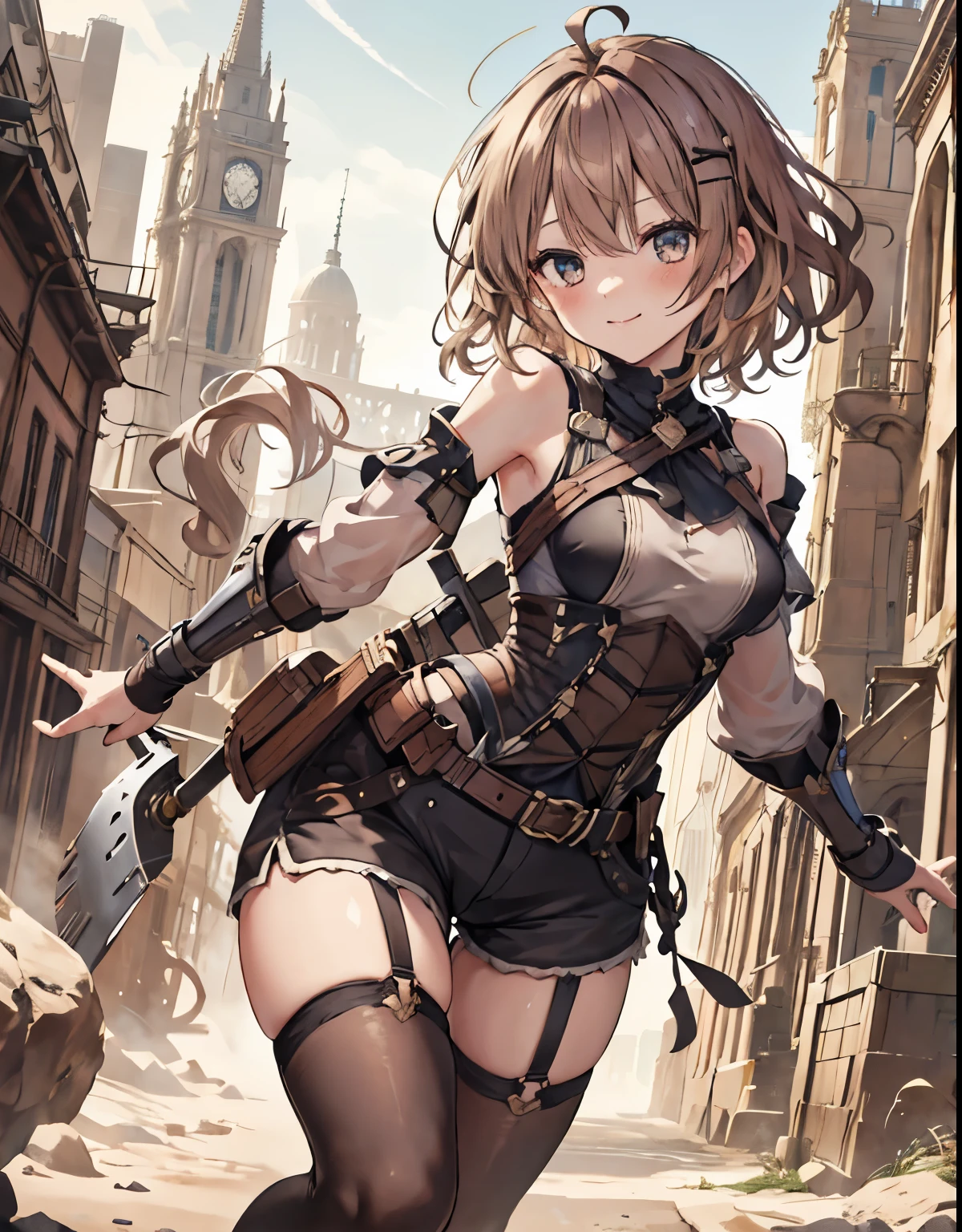 masterpiece, 1girl, sparrow, a brown haired girl, wearing a adventurer clothes, curly short hair, messy hair, slim body, he close her left eye, shirt ornament, ruby eyes, ahoge, , small breast, beautiful breasts, rounded breasts, long sleeves, beautiful eyes, white stocking, droopy eyes, her age is 19 years old, hifumi_bluearchive, seductive face, medium hair, smile, curly hair, knight armor, tight shorts, open shoulder, sleeveless, grazed body