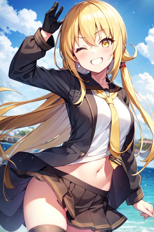 1girl, satsuki, kantaicollection, serafuku, blonde_hair, long_hair, yellow_eyes, serafuku, smile, outdoor, one eye closed, grin, crescent_pin, open_mouth, necktie, navel, close-up, (masterpiece), best quality