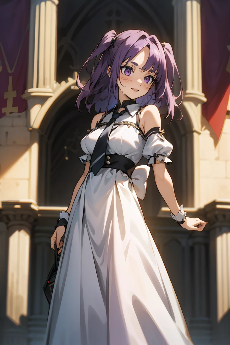 (masterpiece:1.2), (high quality:1.2), girls with((1girl, solo, purple hair, (medium hair, right swept bangs, one side up:1.55), bare shoulder, blush, big breasts, choker, cleavage, cowboy shot, collar, collarbone, rosary, cross, white clothes, blouse, white dress, sleeveless, collared shirt and cheongsam, necktie, (black sleeves, arm wears, elbow armwarmers, metamorphosis is exposed, princess dress, long dress, frilled panniers:1.2), (open dress:1.34), leggings, boots, sandals, bare legs)), background with((fantasy world, ruin, castle, beautiful sky, shining sky, sunshine:1.35))