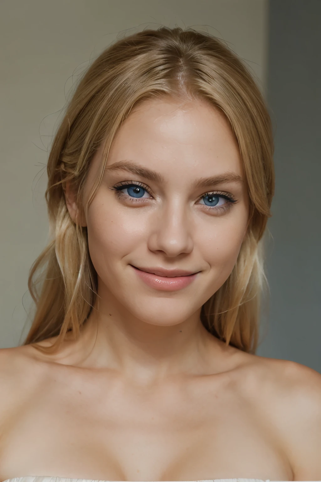 Portrait of a beautiful blond woman, looking at the camera, with realistic grey-blue eyes, with dimples on the cheeks, smiling slightly, and with visible shoulders.