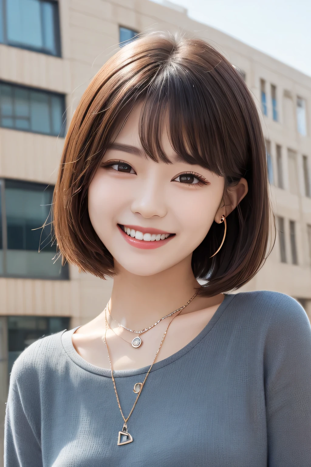 Highest quality, ,smile、Beautiful teeth alignment、Light brown hair、Dark eyeliner、Short Haircut、Long sleeve blouse、ear piercing、necklace, , Face Focus、The background is the building&#39;s corridor.