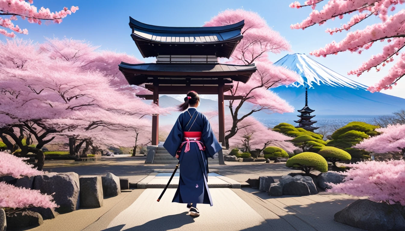 Female samurai、cherry blossoms、Japanese Gardens、Fuji Mountain