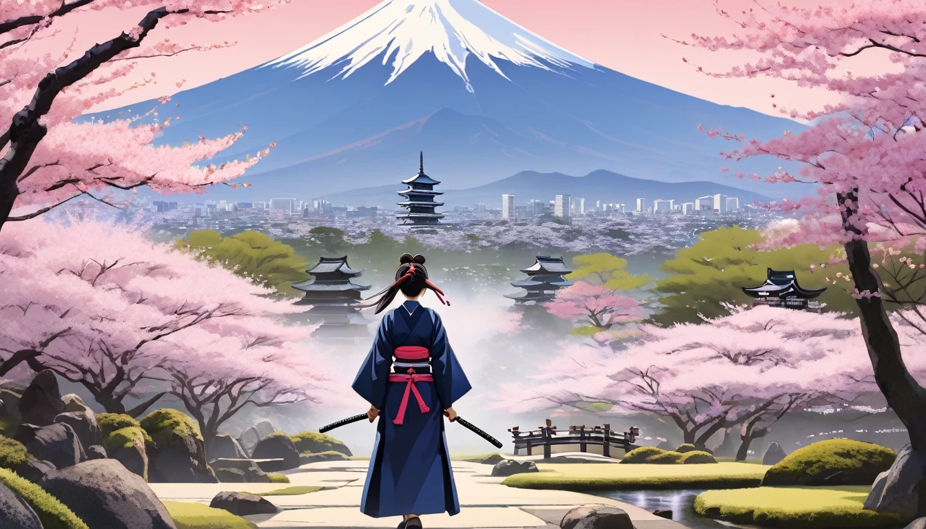 Female samurai、cherry blossoms、Japanese Gardens、Fuji Mountain
