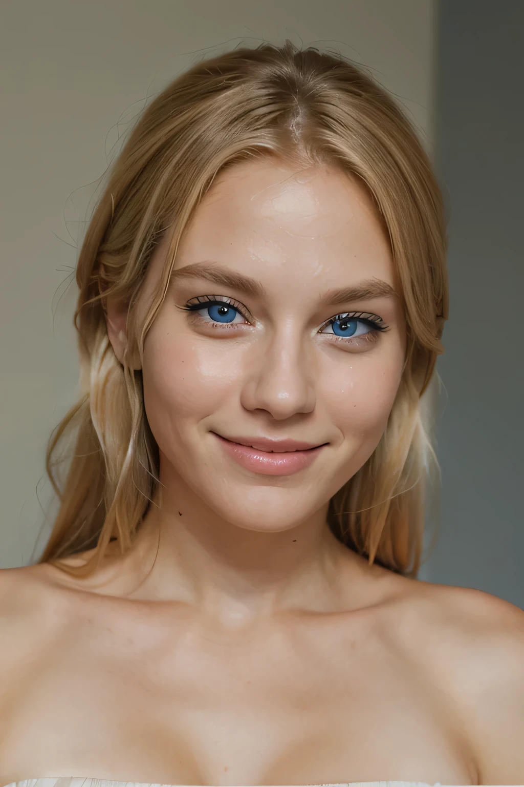 Portrait of a beautiful blond woman, looking at the camera, with realistic grey-blue eyes, with dimples on the cheeks, smiling slightly, and with visible shoulders.
