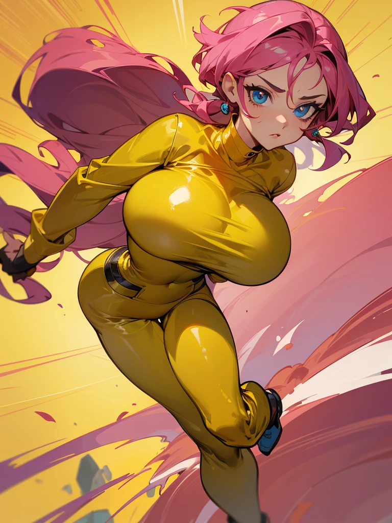 Mulher madura fugindo de um robô,  big pink hair, shining blue eyes, wearing a mustard yellow jumpsuit, big breasts, 35 years old, running away, eye on the spectator, look at the camera, posing for a fight intricate, o fundo é um corredor escuro,  punhos fechados