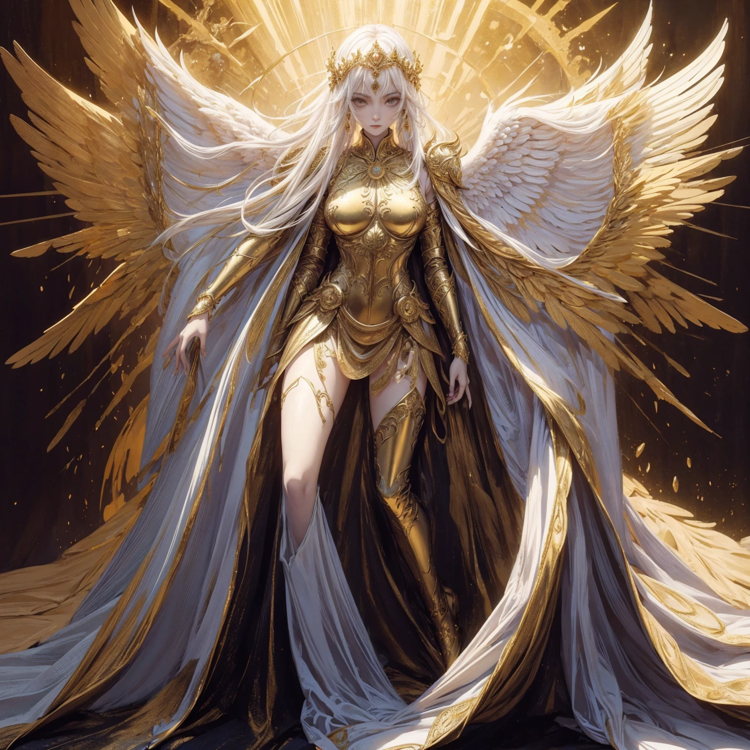 Art of Woman Wearing Sun Crown, Wearing a gorgeous golden breastplate that exposes a small amount of skin above the chest, Wearing a gorgeous golden dress, A pair of giant angel wings taller than the body spread out behind the woman., ancient goddess art, Sacredness. Very detailed, Mysterious inspiration, Inspiration from the Sun God, Religious inspiration, Cold and snobbish face, Dangerous expressions, White hair, Standing, Full body portrait, Gothic art style, Weird art style, Occult art