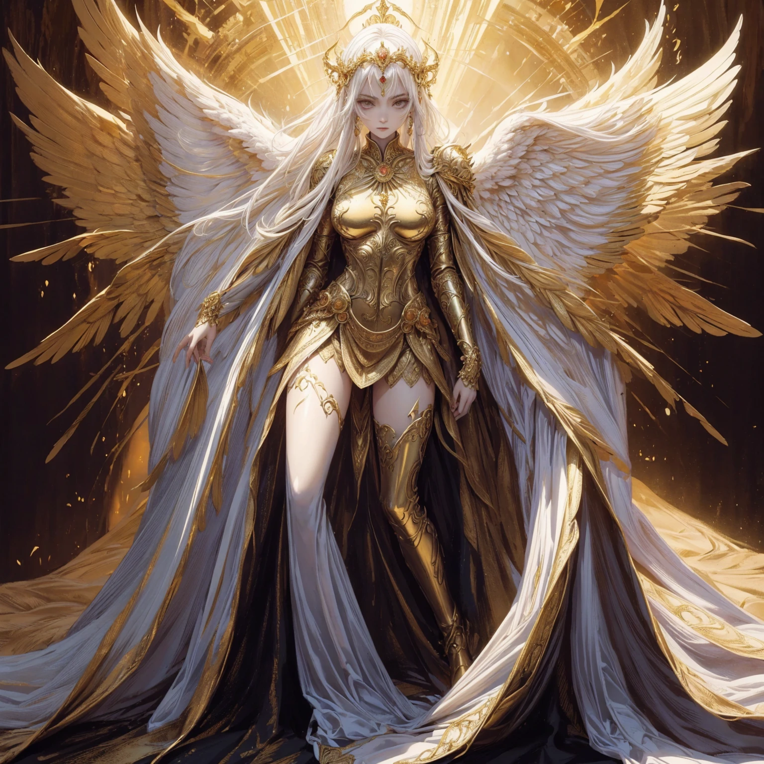 Art of Woman Wearing Sun Crown, Wearing a gorgeous golden breastplate that exposes a small amount of skin above the chest, Wearing a gorgeous golden dress, A pair of giant angel wings taller than the body spread out behind the woman., ancient goddess art, Sacredness. Very detailed, Mysterious inspiration, Inspiration from the Sun God, Religious inspiration, Cold and snobbish face, Dangerous expressions, White hair, Standing, Full body portrait, Gothic art style, Weird art style, Occult art
