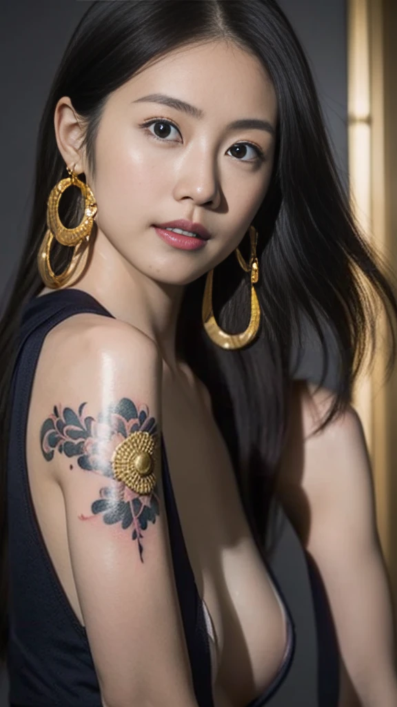 Moisturized skin, (Pink and bright eyes), (Looking down on people), Perfect body,
BREAK,
(Black grass tattoo on body),
BREAK,
(Beautiful navel), (Side slit), (Epaulets), Cape, Crop top, Cloak,
BREAK,
(Super long hair), (Large gold and curved earrings: 1.2),
BREAK,
(Realistic: 1.3), Ultra high resolution, (Dynamic angle: 1.4), (Highly detailed skin: 1.2), (Full body: 1.2), Symmetrical, One shot,
BREAK,
(Japanese city streets: 1.3),
BREAK,
(ONE PIECE), (Kasumi Arimura's face: 1.4), (Boa Hancock: 1.3), ((Large snake)),
