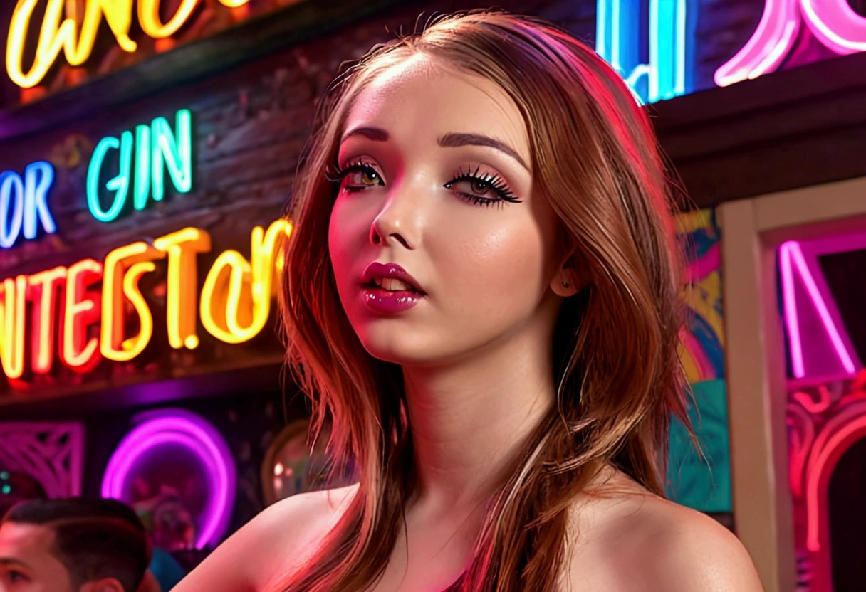 a beautiful young woman, (1girl:1.2), detailed face, detailed eyes, detailed lips, long eyelashes, colorful sheer fabrics, bright colored hair, erotic dance, seedy candyland bar, dangerous crowd, cinematic lighting, vibrant colors, neon lights, glowing, dreamlike, surreal, psychedelic, (best quality,4k,8k,highres,masterpiece:1.2),ultra-detailed,(realistic,photorealistic,photo-realistic:1.37) caption at the top or bottom in gun shot letters is 'Good enough to eat!'