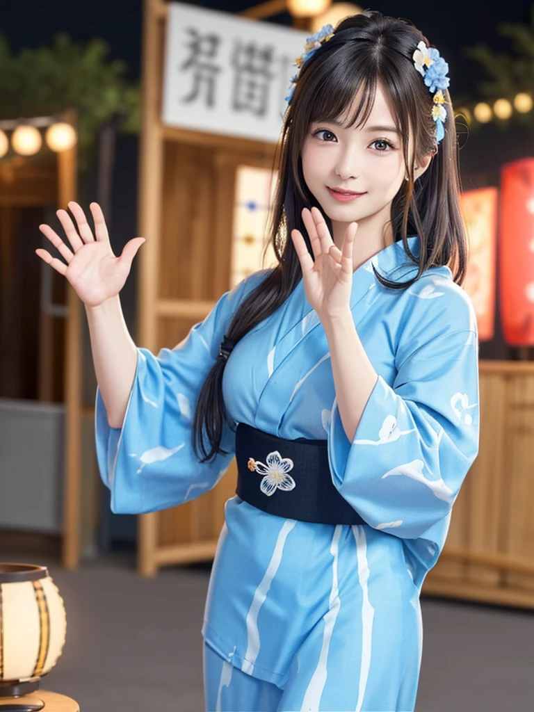 (Highest quality、8k、32K、masterpiece)、(Realistic)、(Realistic:1.2)、(High resolution)、Very detailed、Very beautiful face and eyes、(((Female solo shot)))、Frame In、Tight waist、(Highest quality、Attention to detail、Rich skin detail)、(Highest quality、8k、Oil paints:1.2)、(Realistic、Realistic:1.37)、Bright colors、(((Cowboy Shot)))、(((Medium Hair)))、(((smile)))、(((Black Hair)))、(((Light blue yukata)))、(((白とLight blue yukata)))、(((Summer festival)))、(((Daytime Festival)))、(((fair、stall)))、((Waving))