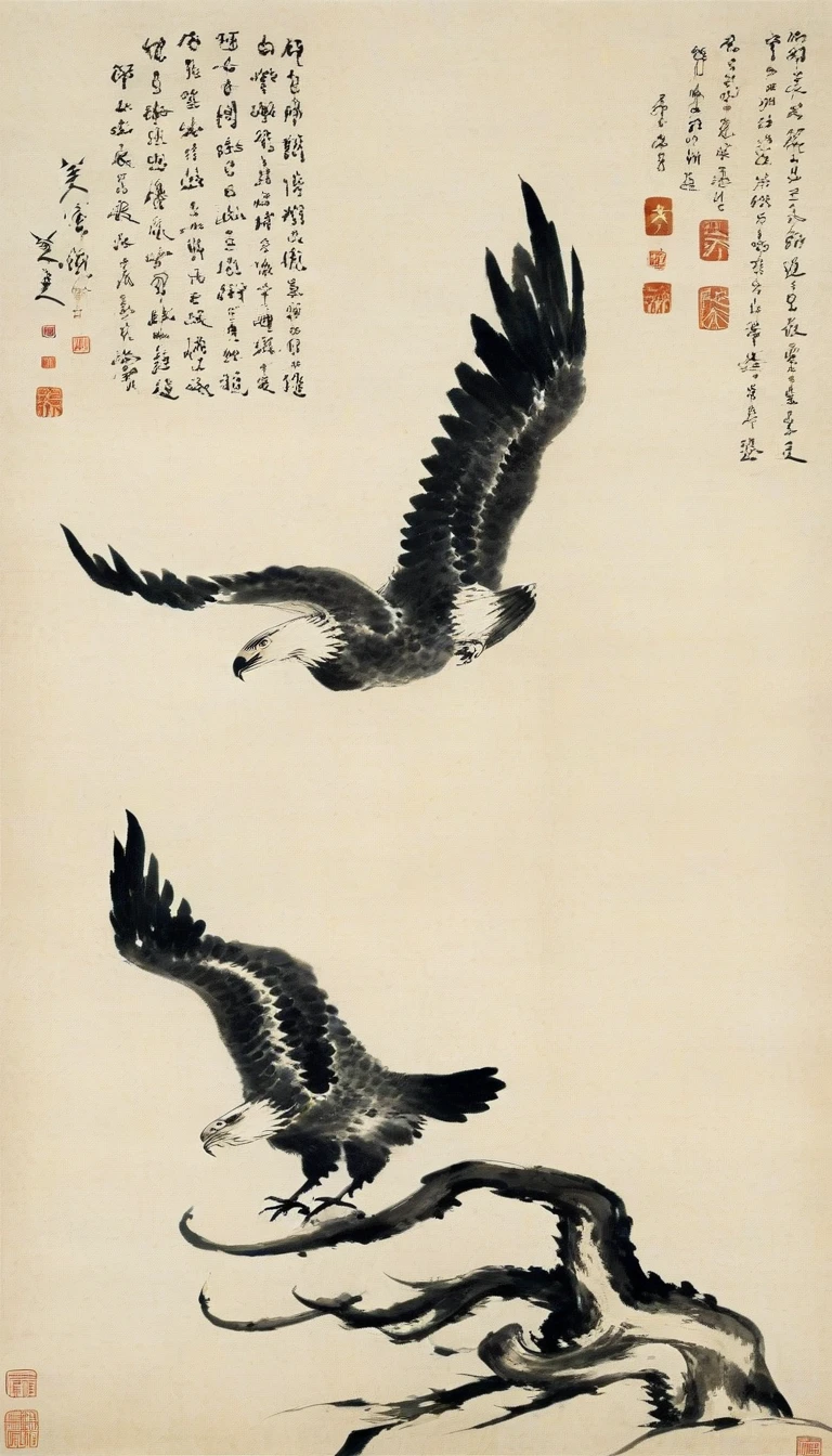 Chinese landscape painting,High resolution,No humans,Eagle with spread wings,the art of chinese calligraphy,Asian Artwork,Traditional Chinese Painting,ink Eagle with spread wings drawing,calligraphy,parchment,Vertical composition,Minimal,Brush strokes,cultural,Seal Art,antique,artistic,Single subject,Text Overlay,Fine art,Chinese Text,Ink Painting,