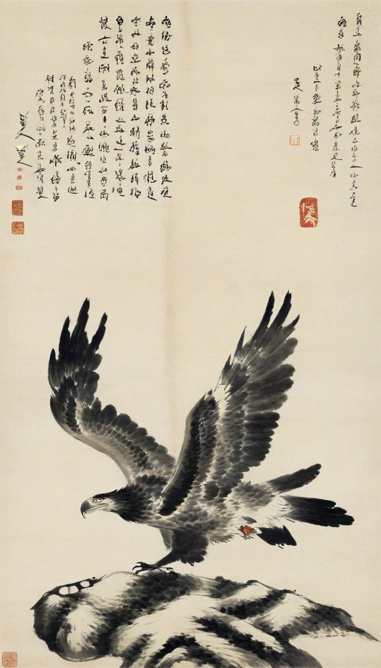 Chinese landscape painting,High resolution,No humans,Eagle with spread wings,the art of chinese calligraphy,Asian Artwork,Traditional Chinese Painting,ink Eagle with spread wings drawing,calligraphy,parchment,Vertical composition,Minimal,Brush strokes,cultural,Seal Art,antique,artistic,Single subject,Text Overlay,Fine art,Chinese Text,Ink Painting,