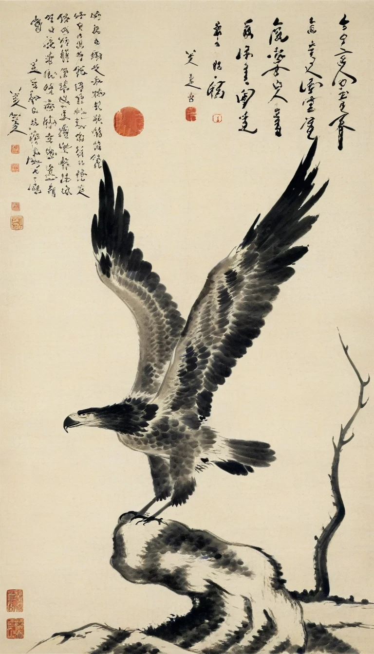 Chinese landscape painting,High resolution,No humans,Eagle with spread wings,the art of chinese calligraphy,Asian Artwork,Traditional Chinese Painting,ink Eagle with spread wings drawing,calligraphy,parchment,Vertical composition,Minimal,Brush strokes,cultural,Seal Art,antique,artistic,Single subject,Text Overlay,Fine art,Chinese Text,Ink Painting,