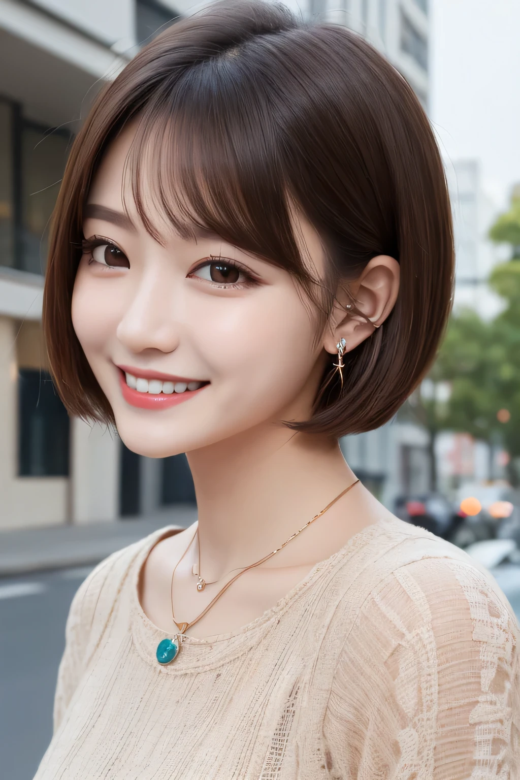 Highest quality, ,smile、Beautiful teeth alignment、Light brown hair、Dark eyeliner、Short Haircut、Long sleeve blouse、ear piercing、necklace, , Face Focus、The background is the building's corridor.