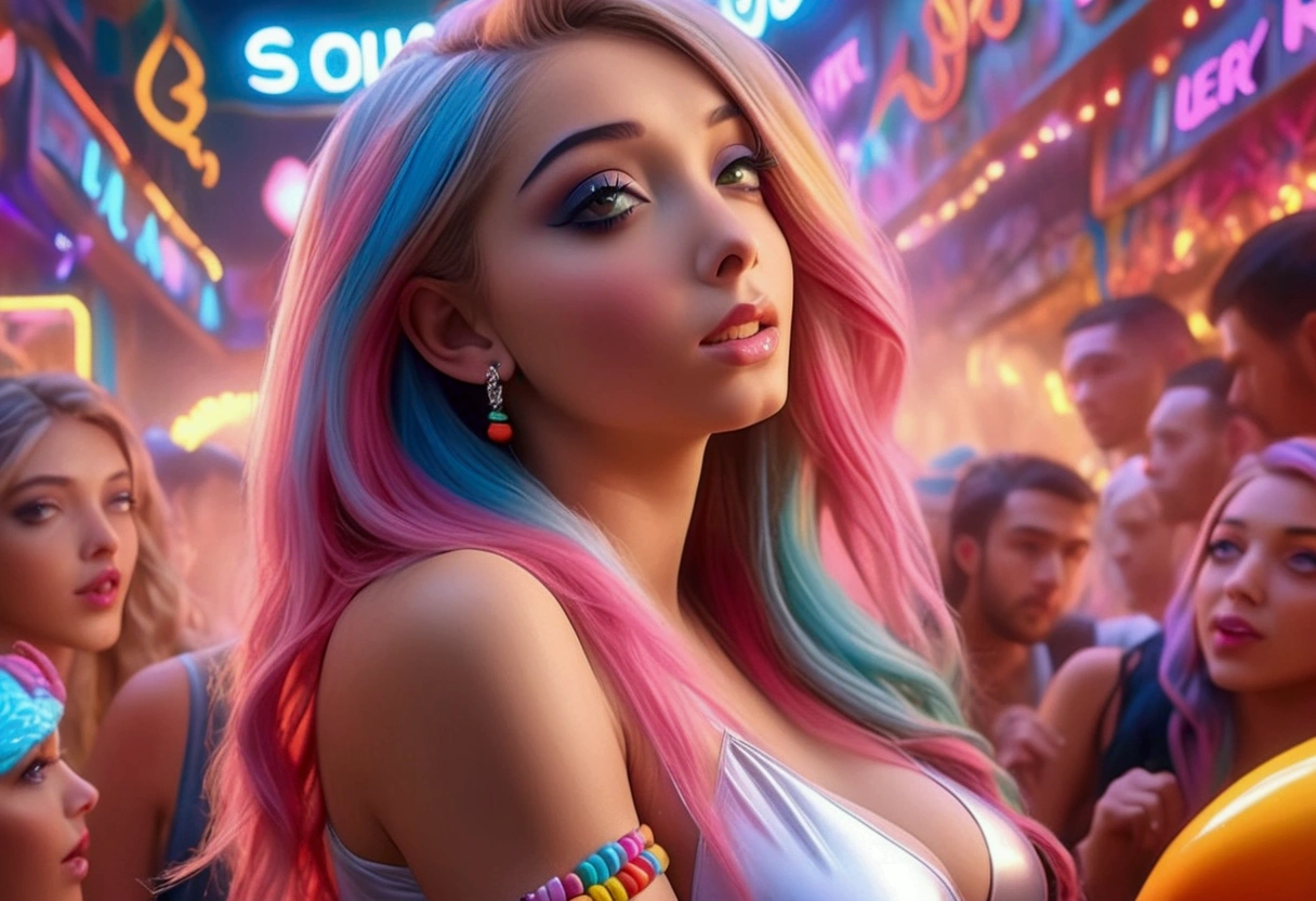 a beautiful young woman, (1girl:1.2), detailed face, detailed eyes, detailed lips, long eyelashes, colorful sheer fabrics, bright colored hair, erotic dance, seedy candyland bar, dangerous crowd, cinematic lighting, vibrant colors, neon lights, glowing, dreamlike, surreal, psychedelic, (best quality,4k,8k,highres,masterpiece:1.2),ultra-detailed,(realistic,photorealistic,photo-realistic:1.37) caption at the top or bottom in gun shot letters is 'Good enough to eat!'
