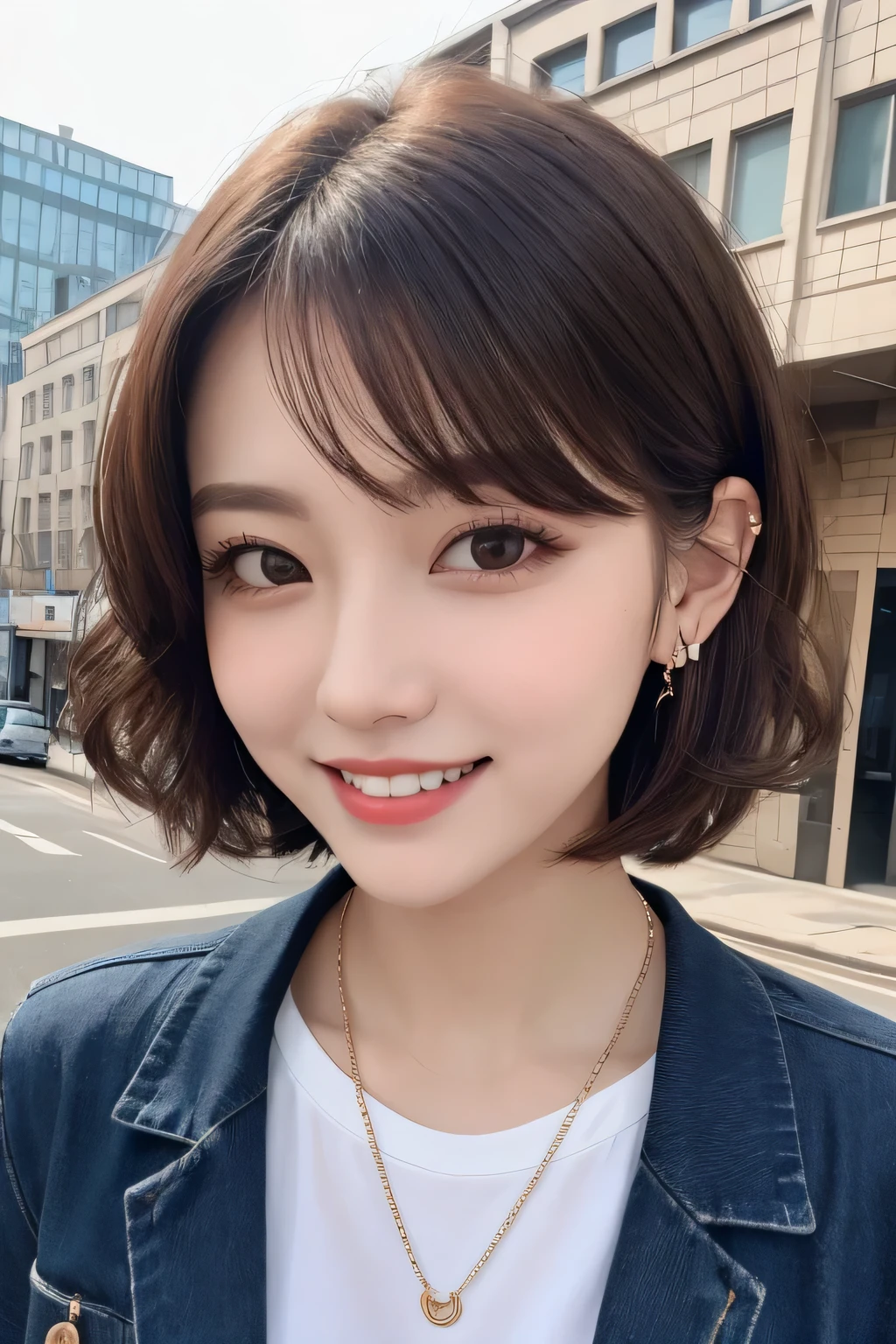 Highest quality, ,smile、Beautiful teeth alignment、Light brown hair、Dark eyeliner、Short Haircut、Curly Hair、Long sleeve blouse、ear piercing、necklace, , Face Focus、The background is the building&#39;s corridor.