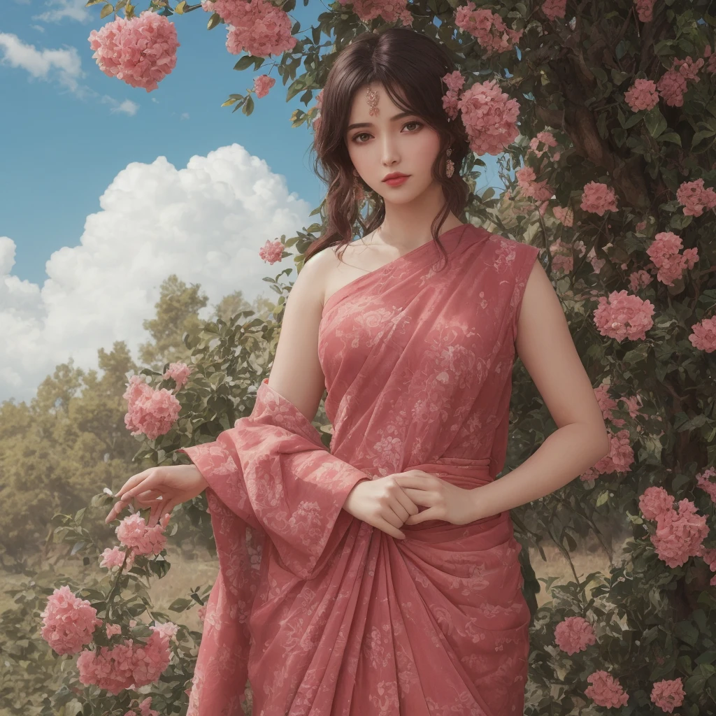 (masterpiece),(best quality:1.0), (ultra highres:1.0), detailed illustration, 8k, anime, 1girl, beautiful anime girl, in a sari, wearing a pink sari, pretty pose, pretty face, detailed face, beautiful eyes, dark red eyes, detailed eyes, red lips, red lipstick, slightly brown hair, pink flower on ear, highlights in hair, standing, red flowers on a tree in the back, open sky with clouds, detailed, intricate, anime style, highly detailed