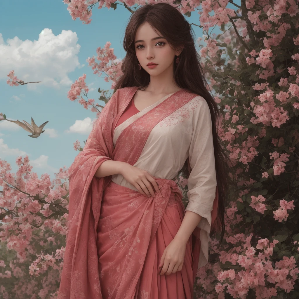 (masterpiece),(best quality:1.0), (ultra highres:1.0), detailed illustration, 8k, anime, 1girl, beautiful anime girl, in a sari, wearing a pink sari, pretty pose, pretty face, detailed face, beautiful eyes, dark red eyes, detailed eyes, red lips, red lipstick, slightly brown hair, pink flower on ear, highlights in hair, standing, red flowers on a tree in the back, open sky with clouds, detailed, intricate, anime style, highly detailed