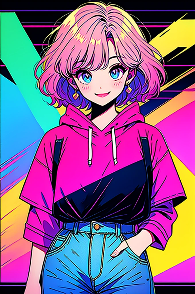 Highest quality,smile,girl,cute,Short Bob Hair,Pink Hair,Light blue eyes,hoodie,Short jeans,