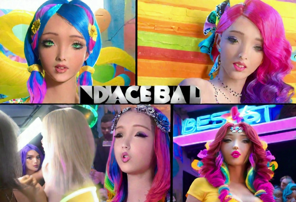 a beautiful young woman, (1girl:1.2), detailed face, detailed eyes, detailed lips, long eyelashes, colorful sheer fabrics, bright colored hair, erotic dance, seedy candyland bar, dangerous crowd, cinematic lighting, vibrant colors, neon lights, glowing, dreamlike, surreal, psychedelic, (best quality,4k,8k,highres,masterpiece:1.2),ultra-detailed,(realistic,photorealistic,photo-realistic:1.37) caption at the top or bottom in gun shot letters is 'Good enough to eat!'