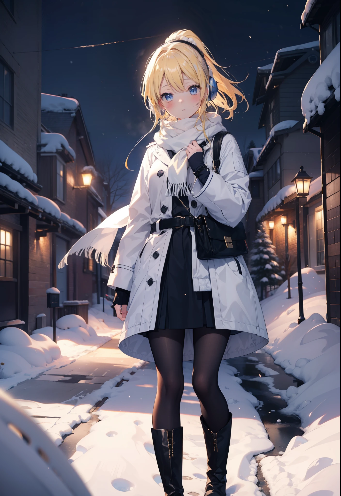 Eliase, catalyst, Yellow Hair, blue eyes, Long Hair,Hair Ribbon,ponytail,Earmuffs,blush,Open your mouth,White Breath,White scarf,Light blue long coat,White long skirt,Black pantyhose,short boots,Walking,snowが降っている,snowが積もっている,snow,snow,snow,night,whole bodyがイラストに入るように,
break looking at viewer,whole body,
break outdoors,Residential Street,
break (masterpiece:1.2), Highest quality, High resolution, unity 8k wallpaper, (figure:0.8), (Beautiful attention to detail:1.6), Highly detailed face, Perfect lighting, Highly detailed CG, (Perfect hands, Perfect Anatomy),