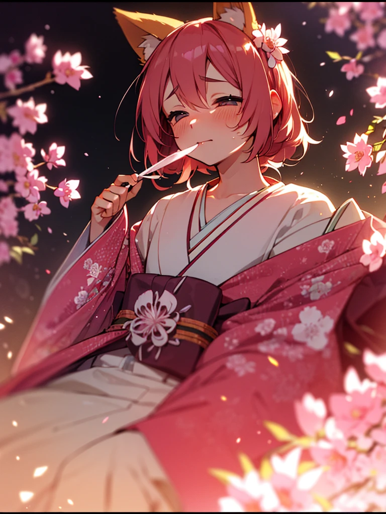(Sumilux f1.4 50mm , low Latitude old color negative film , cross process , bokeh, flare, chromatic aberration , soft focus, (Shallow focus) , soft glow , Maximum aperture, High Key , Transparent depiction) , kawaii anime , messy erotica , Japanese Heian period , girl, fox ear , Maro eyebrows , kimono , Peony flowers blooming , steamy breath , passion , Drinking amazake , Drunkard , seduce , clothed , bare Collarbone , lying back on the futon , top view , hands up , focus face , My heart is beating fast , Hide with Peony , hide eyes