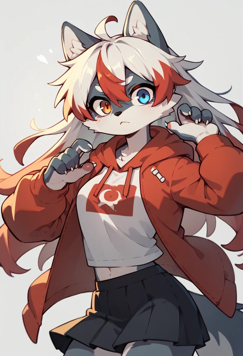 1girl furry,wolf , black and white hair, ,, red hair dye tips in hair, long hair, skirt, hoodie, blue and red,one blue eye, one orange eye, lurking