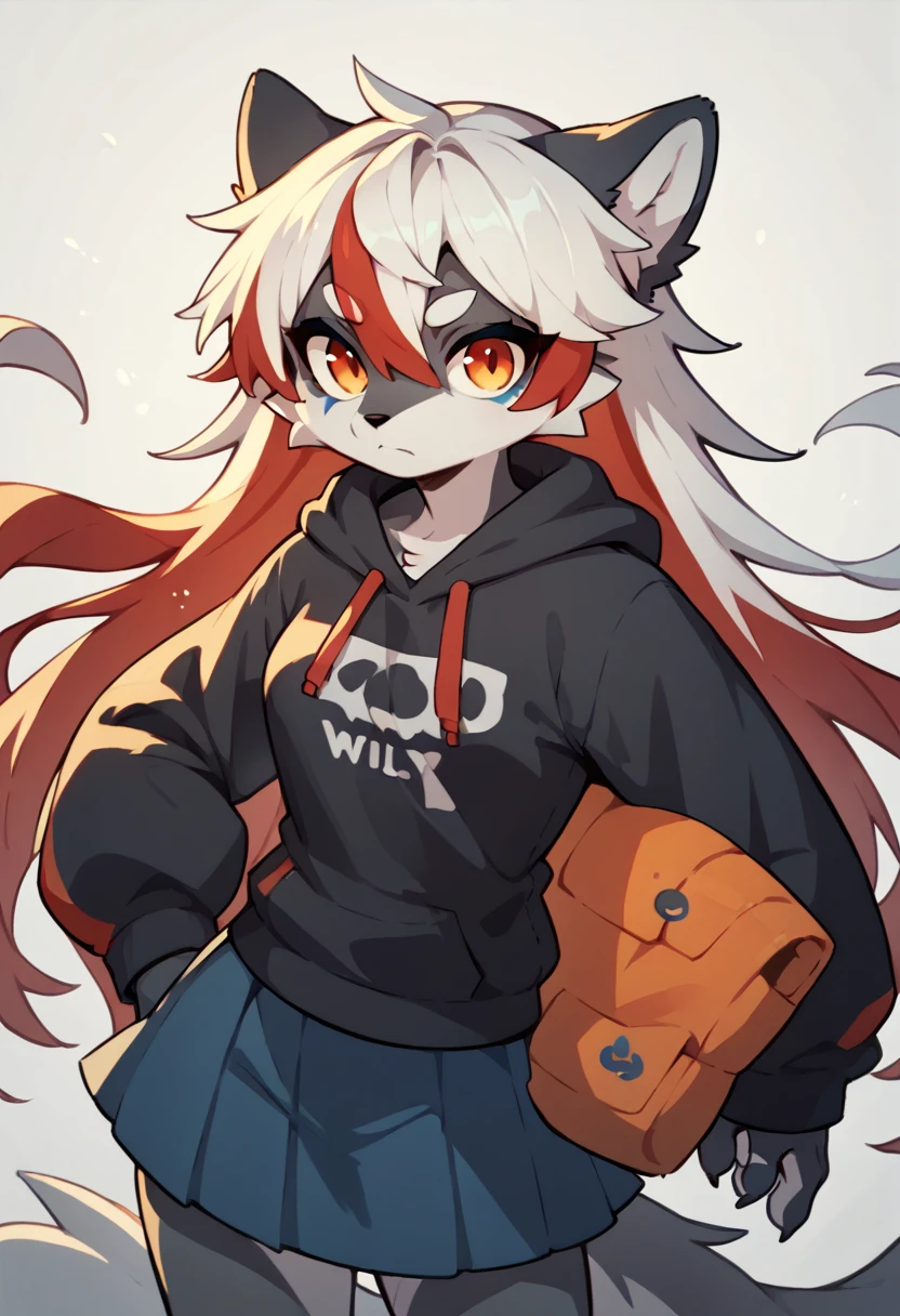 1girl furry,wolf , black and white hair, ,, red hair dye tips in hair, long hair, skirt, hoodie, blue and red,one blue eye, one orange eye, lurking