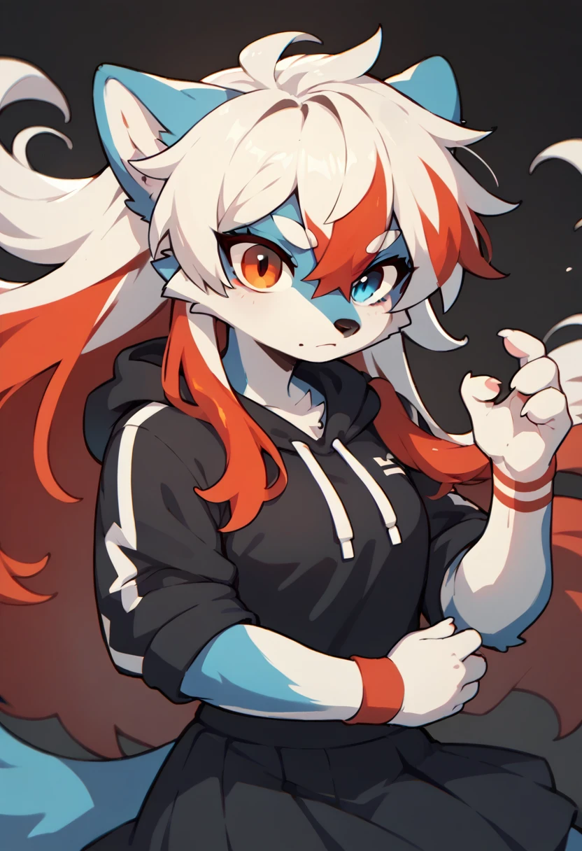 1girl furry,wolf , black and white hair, ,, red hair dye tips in hair, long hair, skirt, hoodie, blue and red,one blue eye, one orange eye, lurking 