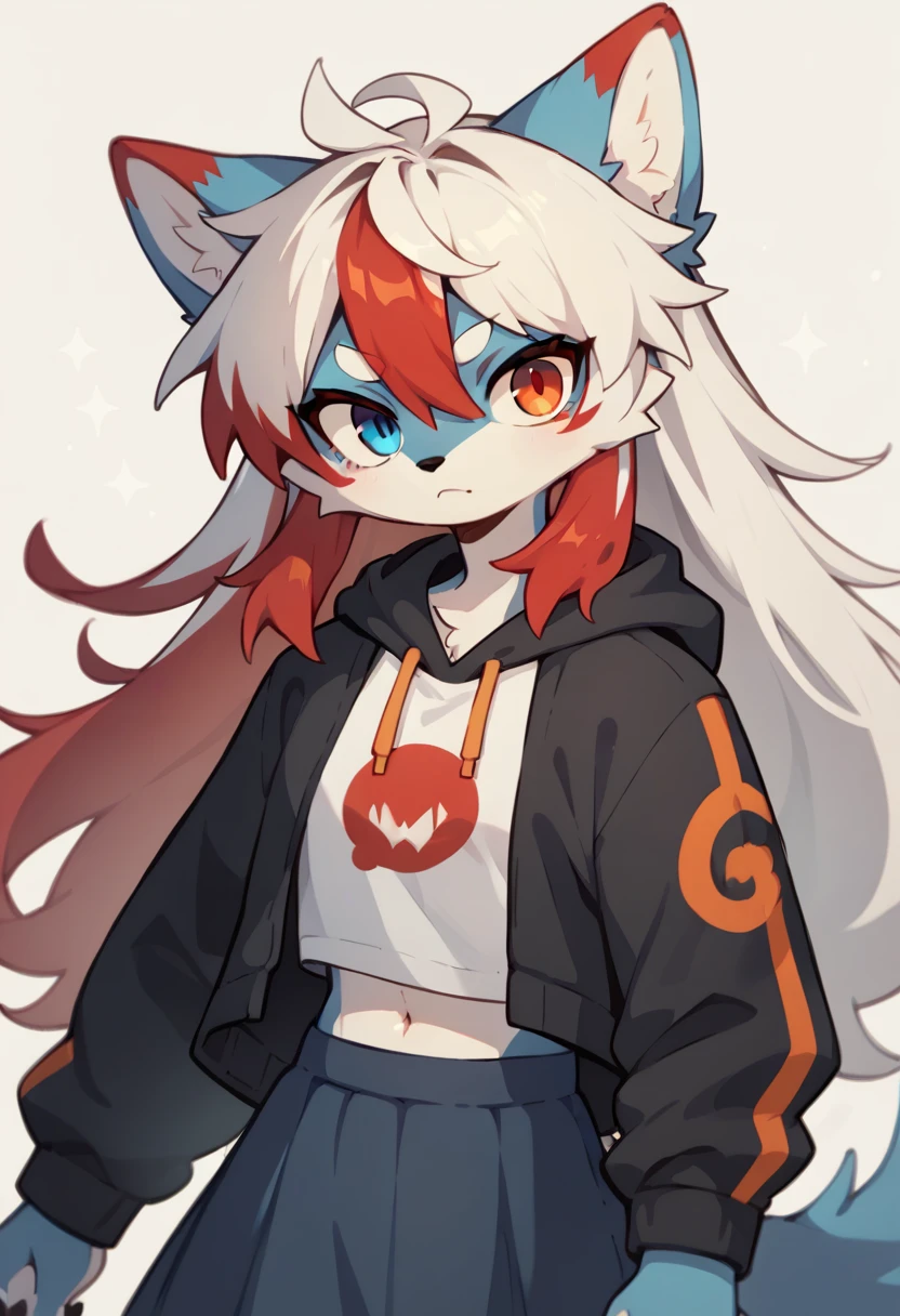 1girl furry,wolf , black and white hair, ,, red hair dye tips in hair, long hair, skirt, hoodie, blue and red,one blue eye, one orange eye, lurking
