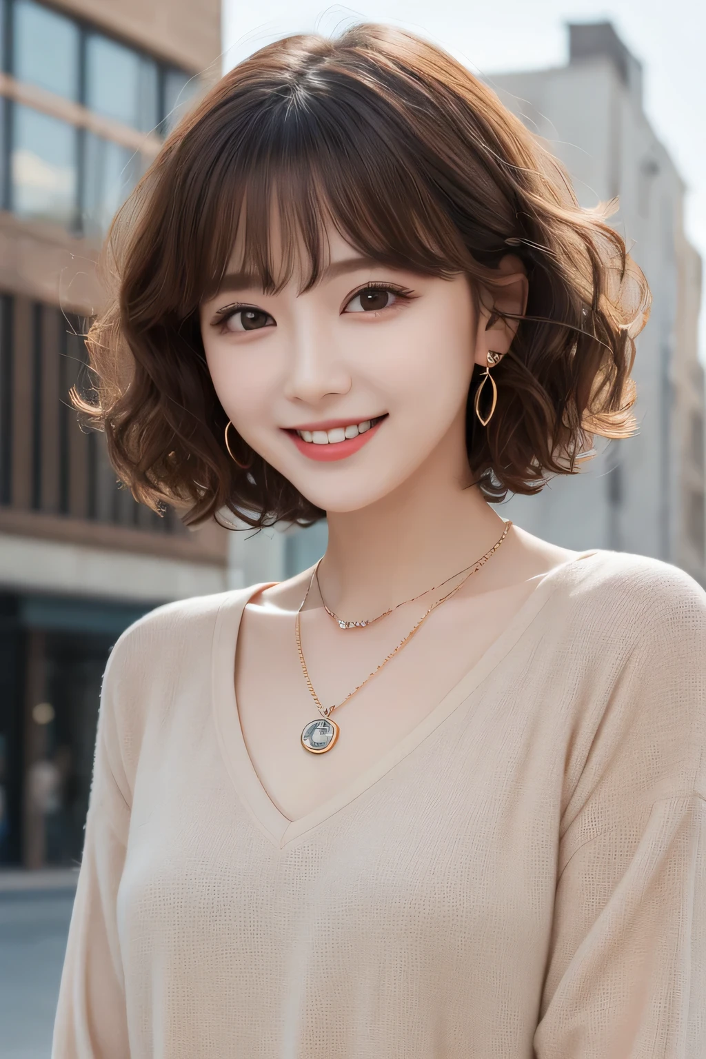 Highest quality, ,smile、Beautiful teeth alignment、Light brown hair、Dark eyeliner、Short Haircut、Curly Hair、Long sleeve blouse、ear piercing、necklace, , Face Focus、The background is the building&#39;s corridor.