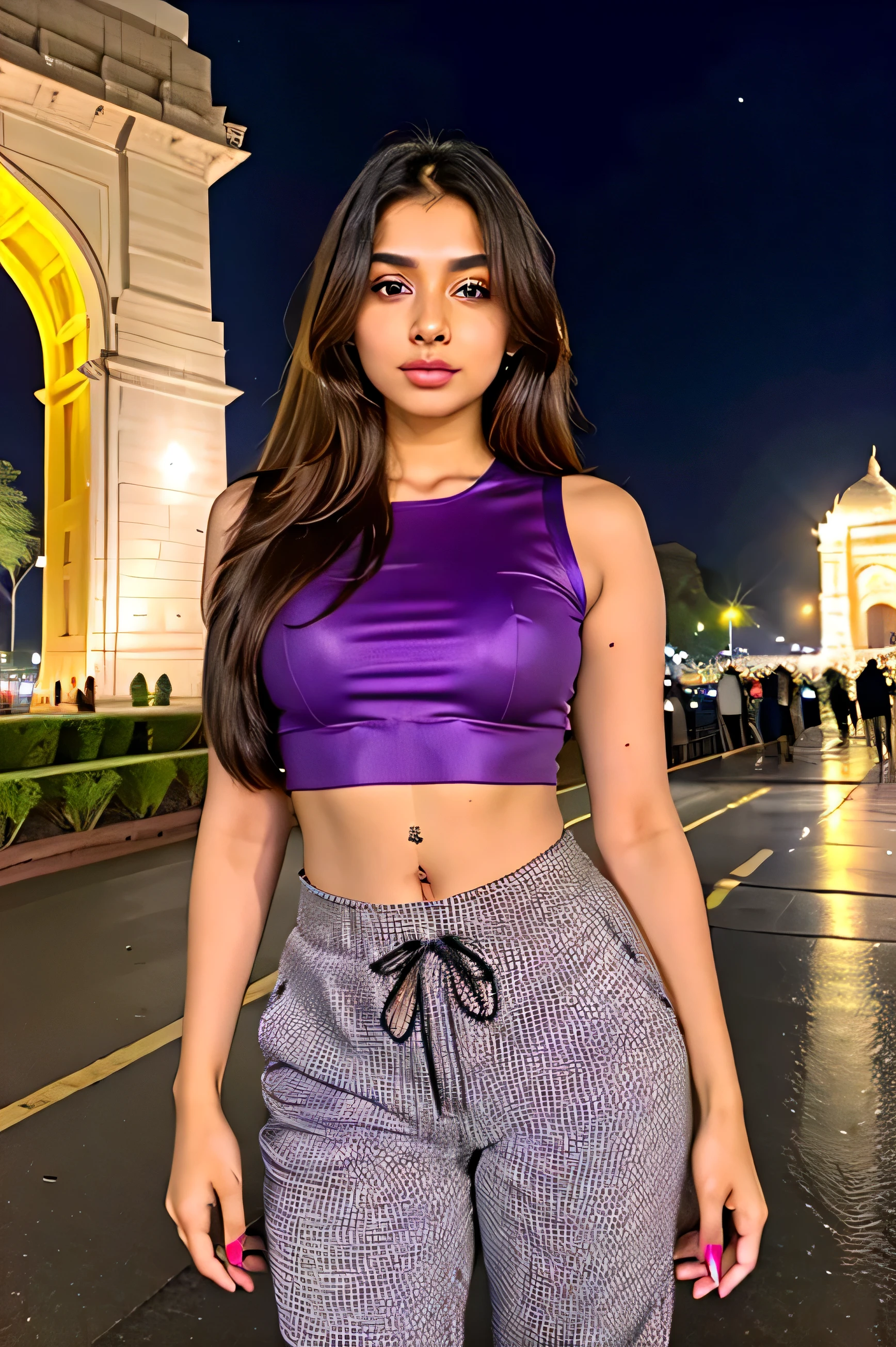 Indian girl, purple eyes, realistic body and face, sexy waist, gorgeous, wearing crop tank top
and trousers, infront of india gate , standing, night ultra gorgeous, humanistic, cute, desi girl, light brown hair