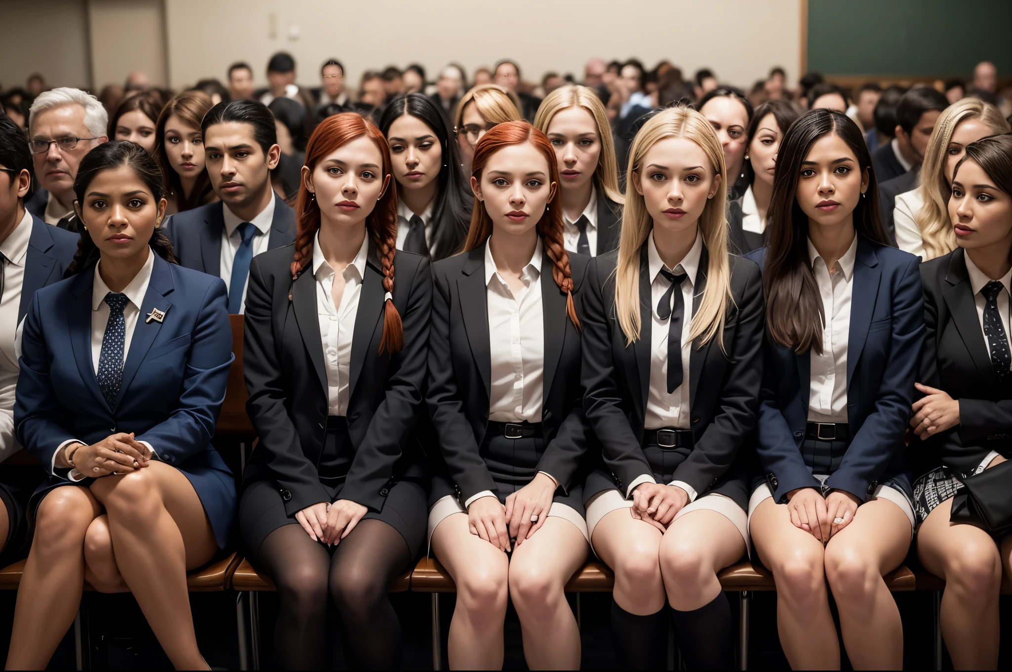 (best quality), (masterpiece:1.2), wide angle photo, full body photo, group photo, 5 women schoolwomen, 56 years old, faces marked by age, guilty faces, skin imperfections, acne, chapped lips, sad wistfully, diverse ethicities: ebony, black, white, nordic, indian, diverse hair colors: redhead, blonde, afro, twin braids, heavy freckles, pale skin, makeup, earings, crowded classroom, morning, school, crowd of people, school uniforms, unbottoned blue shirts, tight shirt, alluring pose, black stockings, open jacket, sexy neckline, large neckline, 16k, photorealistic, real photo, nikon d800, (YES SFW)