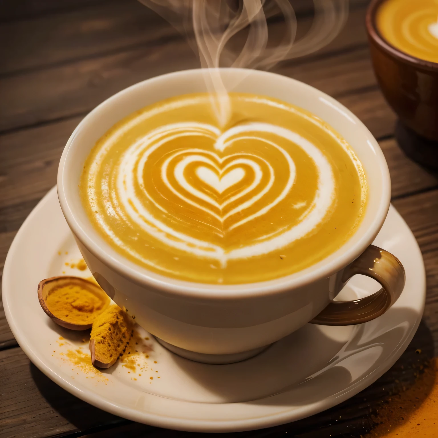 Turmeric latte art: A steaming cup of golden turmeric latte with intricate latte art (perhaps a heart or leaf). Steam rising from the cup, creating a cozy atmosphere.