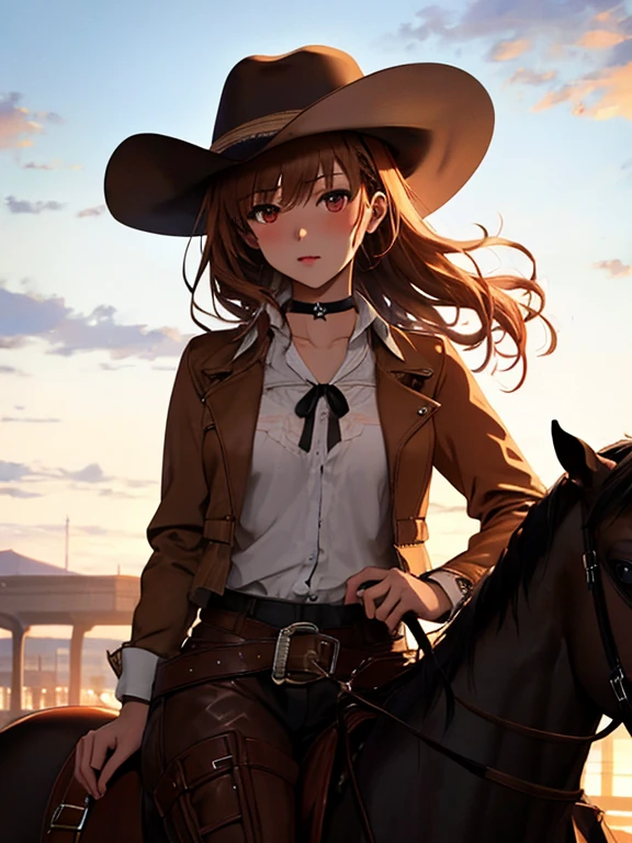western drama, Ten-gallon hat, horse riding, Western Cowboy, Misaka Mikoto, 1girl, black choker, uhd, retina, masterpiece, ccurate, anatomically correct, textured skin, super detail, high details, high quality, best quality, highres, 4K