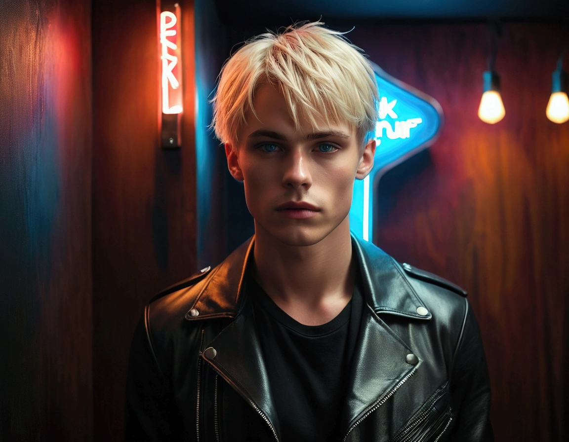 Hyper realistic, dark vibes, solo, young male fashion model, boyish, 22 years, pale skin, blue eyes, (short textured blond hair:1.1), layered bangs, black leather jacket, dark lighting, in luxury strip club room, (smirk:1.1), (holding a knife up:1.1), (neon sign in background that says "CONTEXT":1.1)