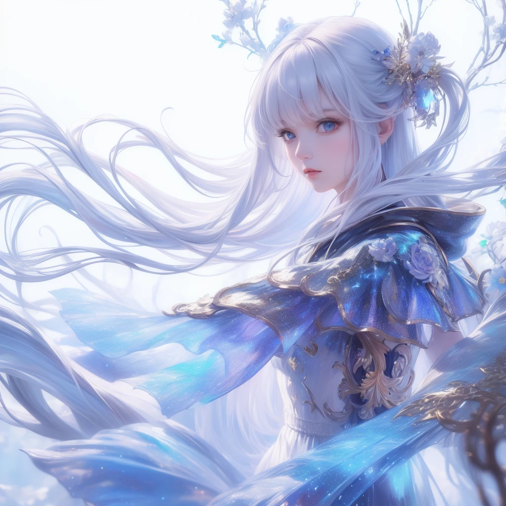((masterpiece)), (((best quality))), ((Super detailed)), ((illustration)),[Realistic lighting effects],shadow,(Fantasy style),(White background:1.6), Simple background, (earth theme),(A cape)[(hair focus,((1 Girl)),[(Big slime hair): (Cloud):0.3], (hair on background),(High Saturation),(The hair is surrounded by galactic splashes),)):((Her hair turned into a galactic cloud,:1.27628), (Hair and clothes are galactic clouds and star clusters:1.1025),(A cape is becoming galaxy clouds)