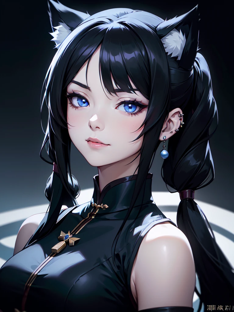 (((Portrait Photo))), She has the Appearance of a Regal Teenager, with a Strong, Muscular Build, and Cold White Skin that Exudes Elegance. She has Long Black Hair, Styled in Odango-Shaped Buns with Pigtails, which Resemble Wolf Ears. Her Icy Blue Eyes Reflect the Piercing Gaze of a Husky—Intense, Intelligent, and Unyielding. She is Dressed in a Black Cheongsam with Bare Shoulders and Loose Sleeves. Her Expression is Calm and Composed, with a Subtle, Knowing Smirk, Perfectly Embodying the Essence of Pride and Excellence. (((High Quality, Dark Background))), (((Portrait Photo)))