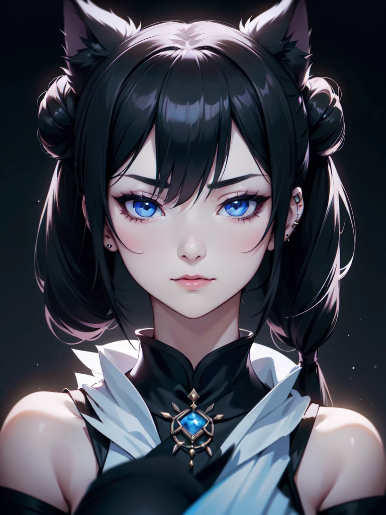 (((Portrait Photo))), She has the Appearance of a Regal Teenager, with a Strong, Muscular Build, and Cold White Skin that Exudes Elegance. She has Long Black Hair, Styled in Odango-Shaped Buns with Pigtails, which Resemble Wolf Ears. Her Icy Blue Eyes Reflect the Piercing Gaze of a Husky—Intense, Intelligent, and Unyielding. She is Dressed in a Black Cheongsam with Bare Shoulders and Loose Sleeves. Her Expression is Calm and Composed, with a Subtle, Knowing Smirk, Perfectly Embodying the Essence of Pride and Excellence. (((High Quality, Dark Background))), (((Portrait Photo)))