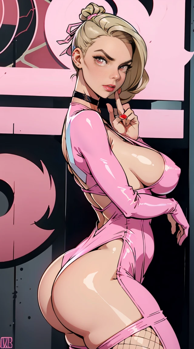 best qualityer, Mature woman alone, Giant tits, giant ass, very curvy, blonde style hair, Evil pink eyes, fleshy lips, seducer, ribbon in hair, choker, sexy fishnet bodysuit, silver hoops, thick-thighs, curvy physique