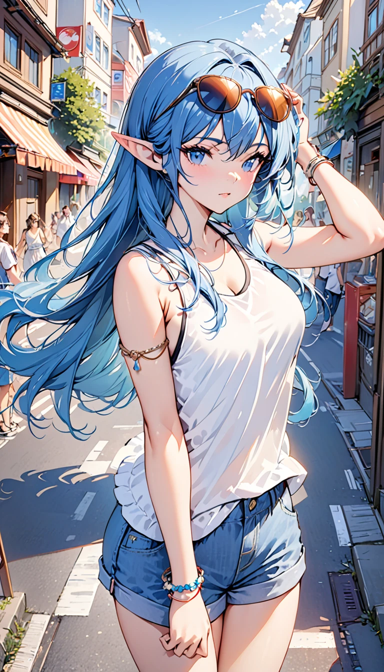 ((best quality)), ((masterpiece)), (detailed), 1girl, sexy, elf, blue hair, long hair, straight hair, pointy ears, eyewear on head, wearing white tank top, short pants, on street, Midsummer, strong sunlight, bracelet on left arm