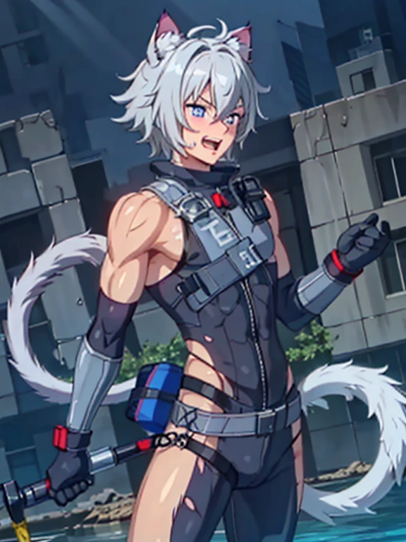 ((Fine details)), Best Shadow,Cinema Lighting,Highest quality,((Very detailed)) masterpiece Gray Hair get wet The suit was torn naked sweating Delicate body Muscular young man Ryona Skin is visible in places Fallen Cat ear Enduring Belt on crotch Wet ground Thick tail large delicate eyes Side view blue eyes Purple Eyes Shadowed eyes Blushing Panic Lively Hard hair 上半身naked Laughing with your mouth open Open your mouth and scream Screaming Feeling embarrassed