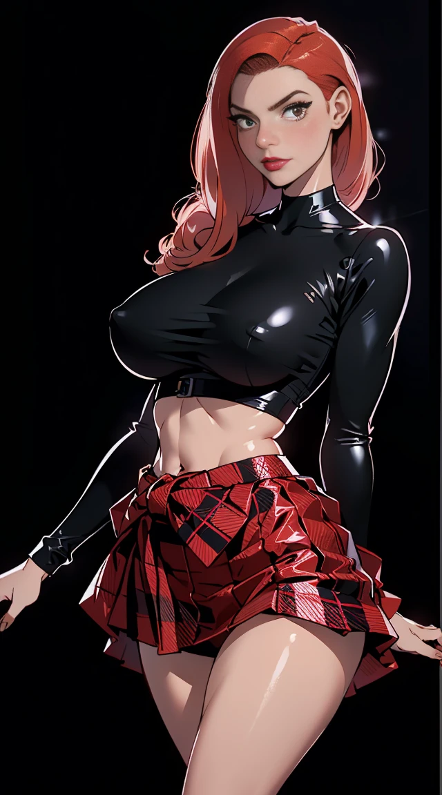 Not Frank Cho style, whole body, 20 harder – Cany Barbi, Sexy busty bimbo, seducer, Red lips, stylish red hair, shining skin, make up , ((black latex top, plaid hip skirt, firm skin)), ((perfect smooth skin, huge fake breasts:3.2 tight neckline:2, Waist slender, toned legs)), (photoshotrealisitic, photoshot, work of art, realisitic, 真实感, photoshot真实感, hight contrast, realisitic skin texture, best qualityer, ultra high resolution, Pose sexy