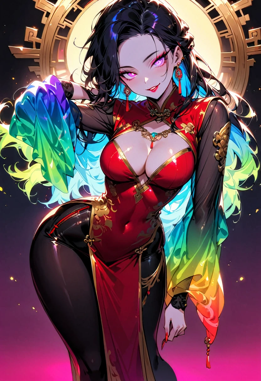 1 mature beautiful woman,(Highest quality,Extremely detailed depiction,Incredibly absurd high resolution,Anatomically accurate depiction,Curvy Legs,Detailed pupil),(Glowing Skin,Shiny skin),(A charming Chinese noble lady),(A complex and elegant Chinese costume,See-through,Intricate embroidery,Strong shiny fabric,Rainbow gradient sleeves,black tights),eyelash,(Pink Eyes,Crazy Eyes,There is cleavage in the chest,Wicked Smile,Glossy Red Lips,Flashy makeup,Seductive gestures,Half-closed eyes:1.2,forward leaning posture),Luxury accessories,earrings,necklace,whole body,background:Chinese-style mansion,