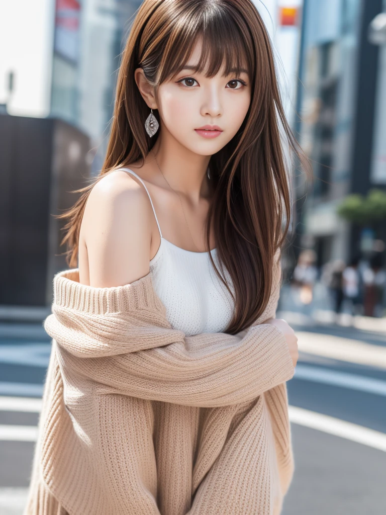 Ultra High Definition, Superior Quality, Premier Quality, ultra detailed, Photorealistic, 8k, RAW Photos, highest quality, masterpiece, Attractive girl, Stunning girl, Brown Hair, Shoulder Length Layered, asymmetrical bangs, K-pop Idol, Sophisticated, Stylish, white knit, Shibuya,