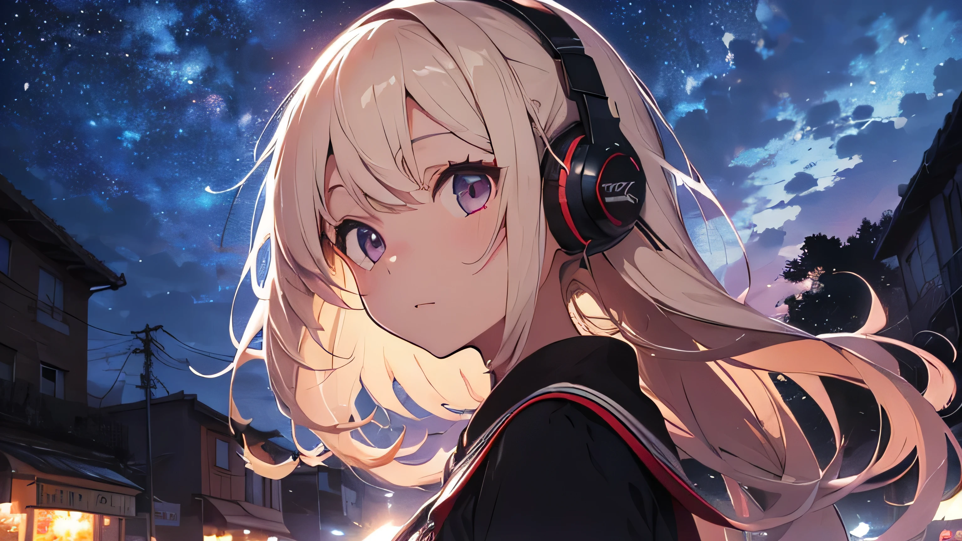 Absurd, High resolution, (Official Art, beautifully、aesthetic:1.2), Close-up, Bright Sky, A vast world, girl, Hair blowing in the wind, Wear headphones, stare, Awe-inspiring expressions, Night Cafe, Starry Sky, neon, Natural Beauty, Inspiration, Light effects,