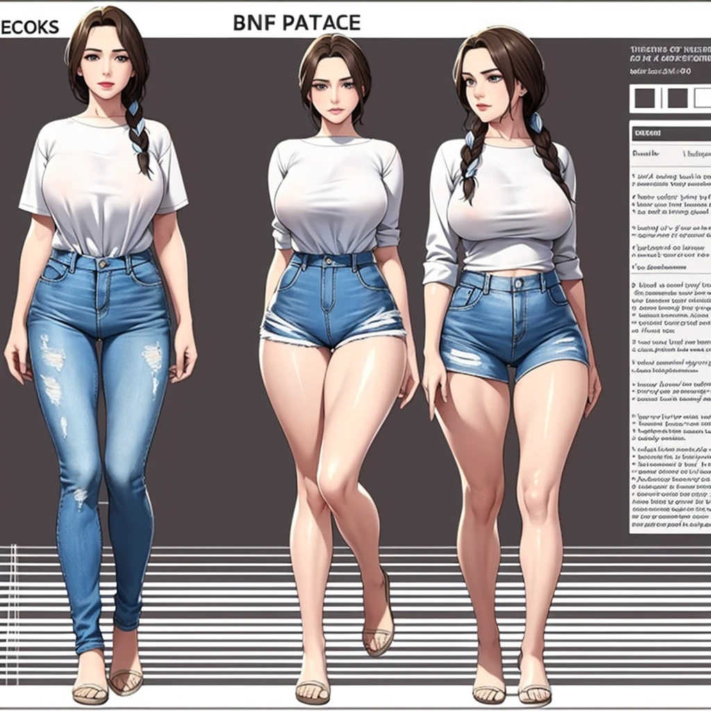 Detailed character sheet, Front view, Side view, Oblique view, with a white returnground, show women, 30 years old, with short dark brown hair combed return, Light casual clothing, Wear tight denim jeans. The seat includes different angles, Front desk etc.., return, and Side views, Model and Reference Sheets, Full body painting. The ratio is based on 7.5 Head Scale.